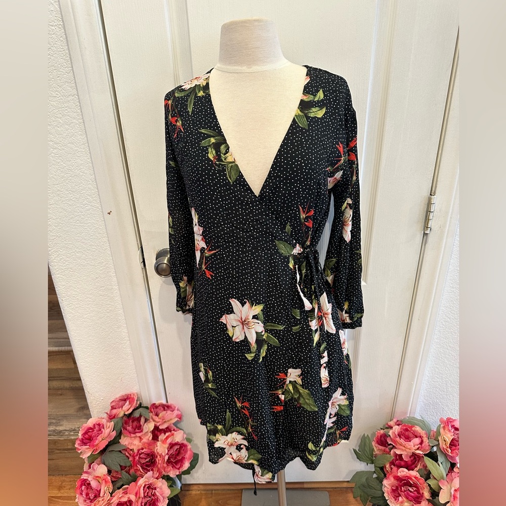 Black Floral Patterned Wrap Around Dress